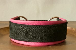Leather Lurcher Black and Pink Etched Daisy Collar