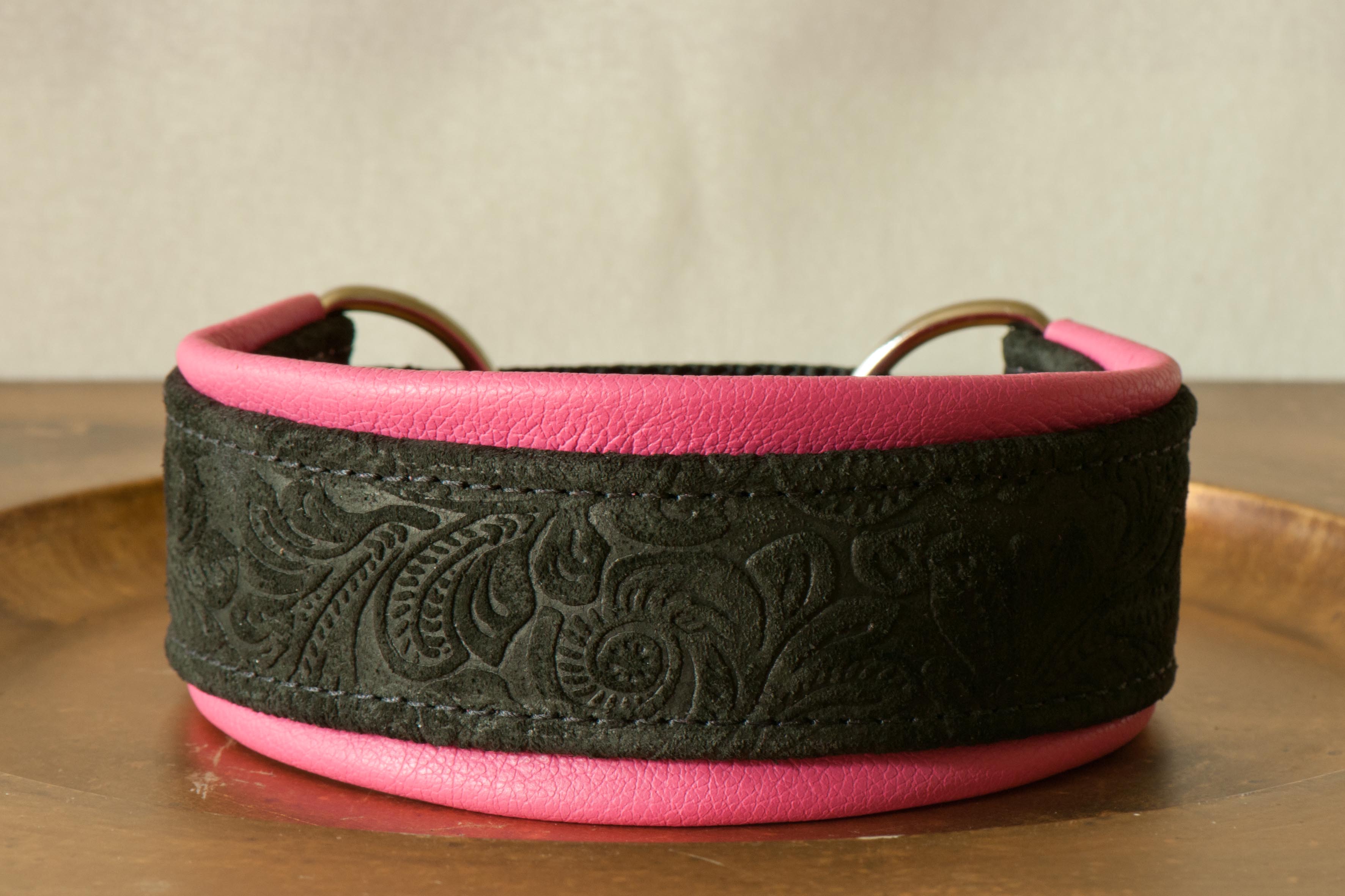 Leather Lurcher Black and Pink Etched Daisy Collar Hamilton Hounds