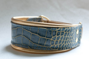 Leather Lurcher Blue and Gold Croc Collar