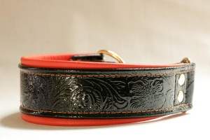 Leather Lurcher in Black Floral Patent Leather with Orange Collar