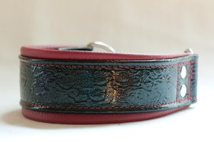 Leather Lurcher in Black Patent Floral Leather with Red Collar