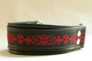 Leather Lurcher Black and Red Skull Collar
